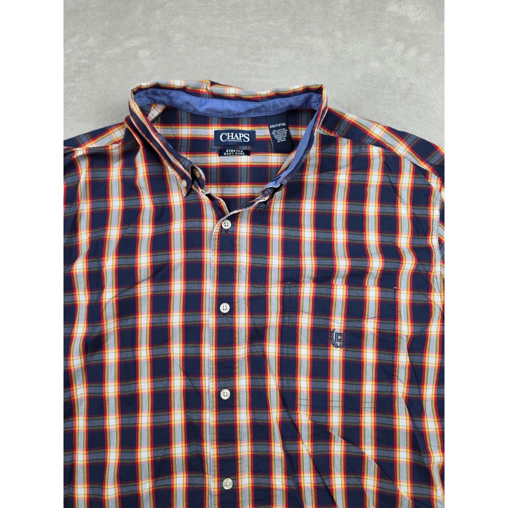 Chaps Button Down Shirt Mens 2XLT Blue Orange Plaid Stretch Easy Care‎ Long Sl